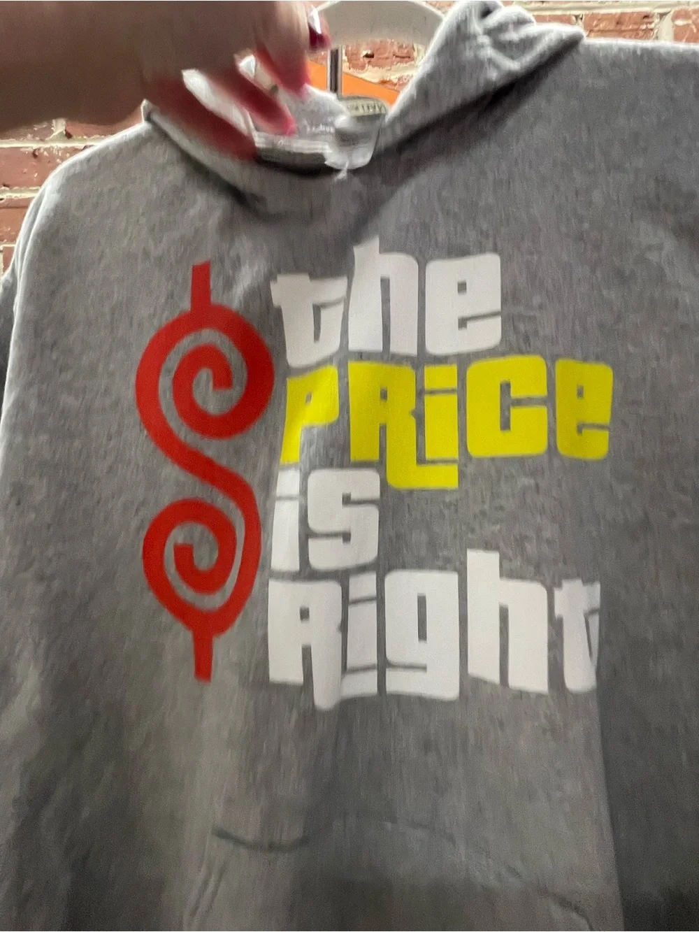 gray pullover hoodie game show prices right
